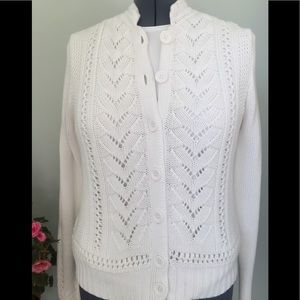 Eddie Bauer White cable knit cardigan sweater LG